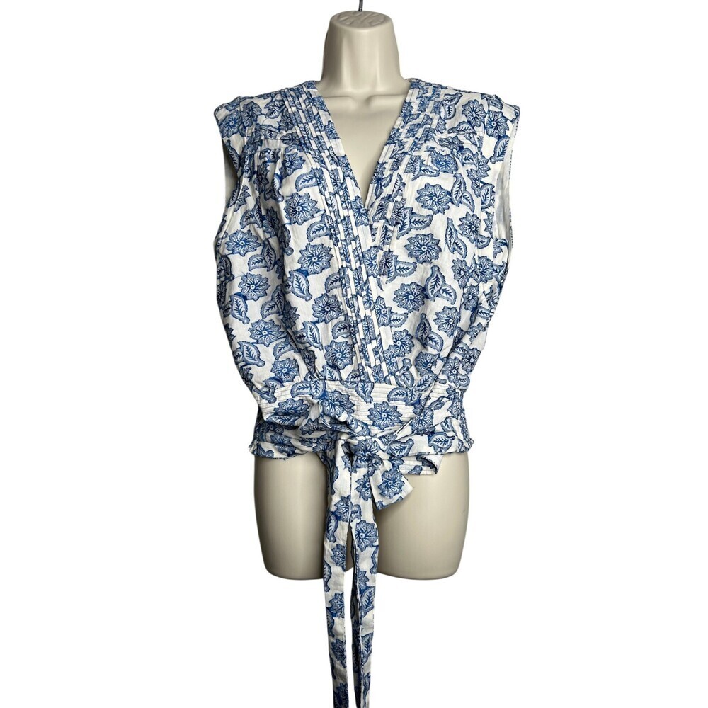 Anthropologie Blue Motif Embroidered Tie-Waist Blouse Size Large - Picture 2 of 8
